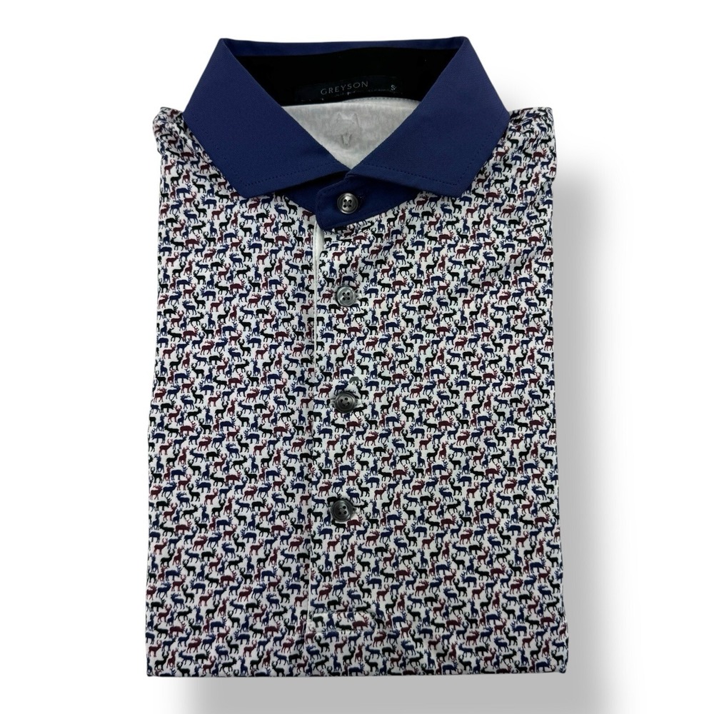 Greyson White Blue Maroon Black Deer Print Golf Polo Shirt Men's Size Small